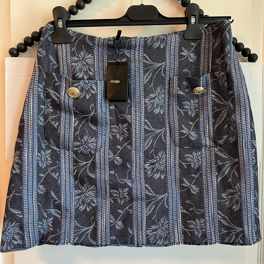 MAJE Floral Stripe Denim Mini Skort Pockets Indigo Blue 40 Medium 8-10 29 NWT